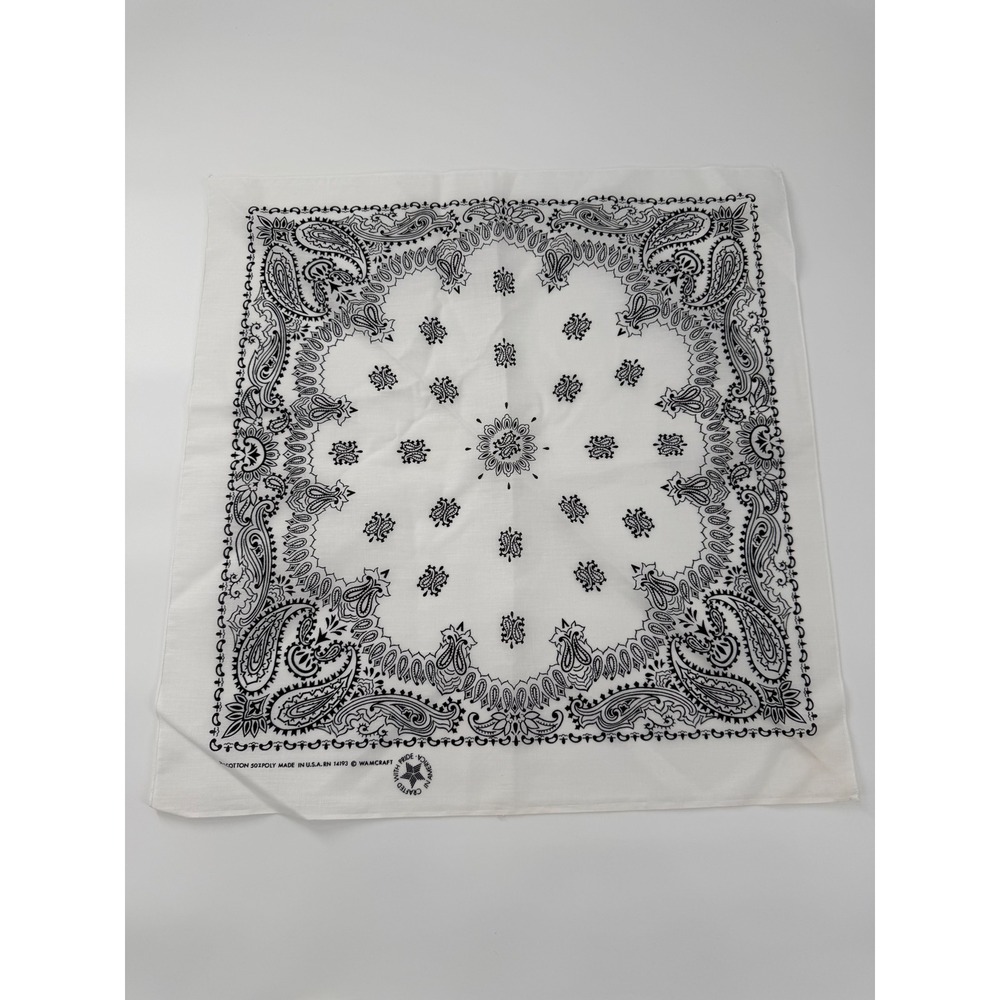 Vintage Wamcraft Paisley Bandana White Black Cotton Poly Made in USA RN 14193